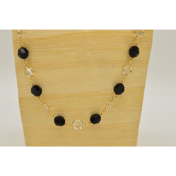 Austrian Crystal USA Vintage Necklace Open Bezel Clear Black Gold Signed 80s 9J - Picture 2 of 12